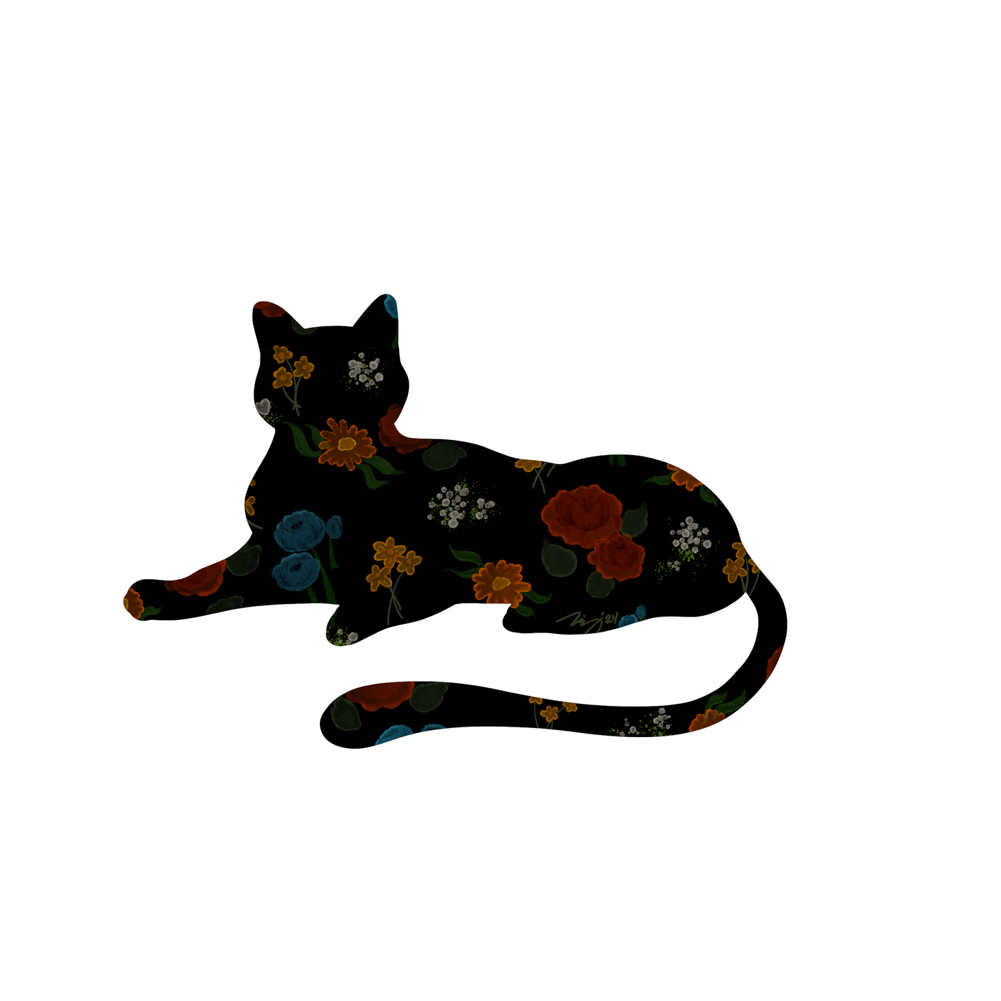 Floral Cat 4"x6" Art Print, Black or Orange