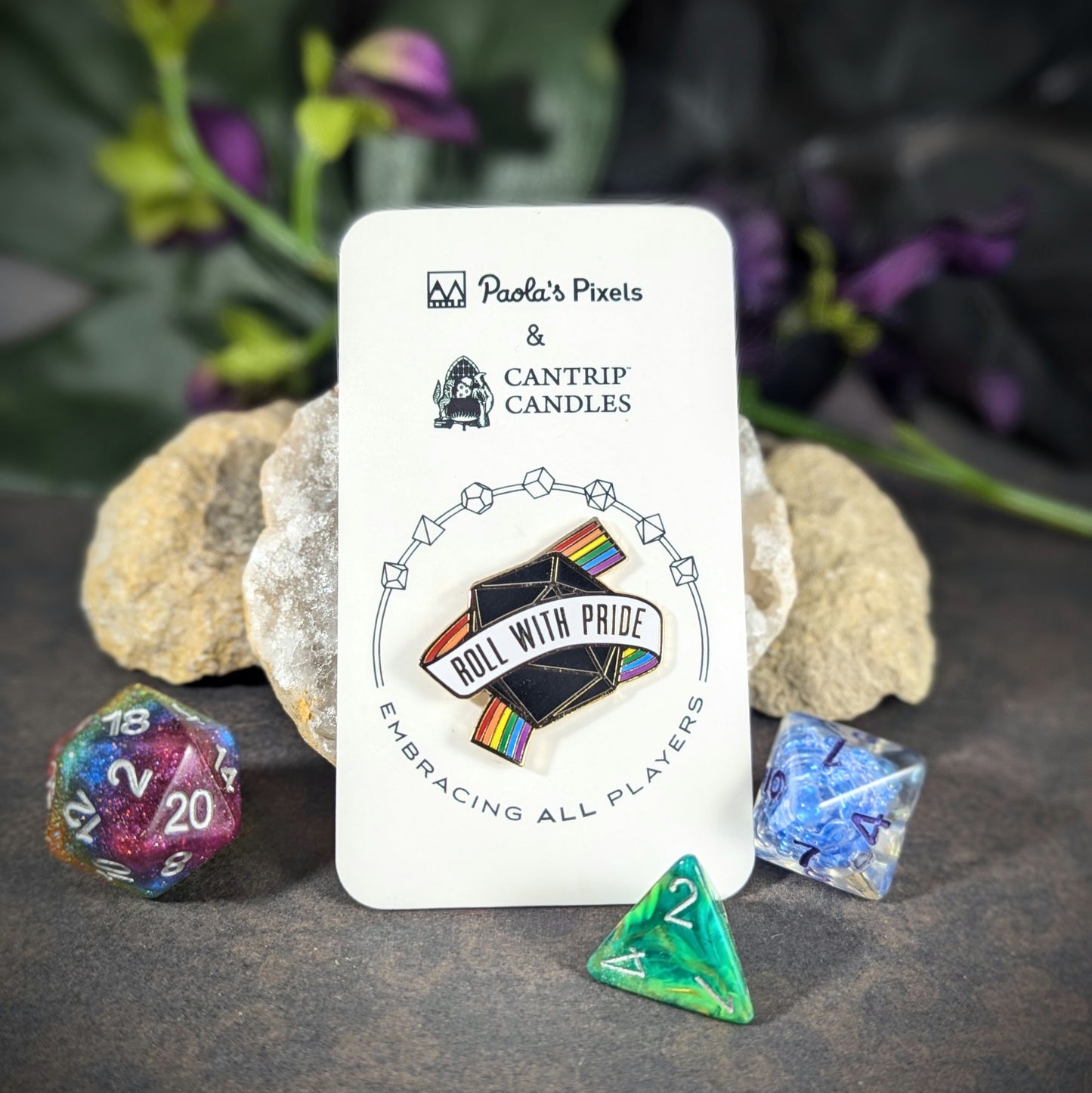 Cantrip Candles & Paola's Pixels - Roll with Pride Enamel Pin